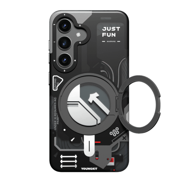 Forro para Samsung S24 y S25 con diseño Cyberpunk 360° Spin Magnetic Stand en color negro de Youngkit, con protección avanzada y estilo tecnológico.