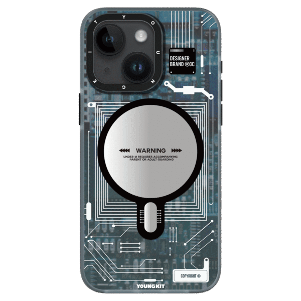 Forro para iPhone 14 y iPhone 13 con diseño Futuristic Circuit Board Blue en color azul de Youngkit, que ofrece protección avanzada y un estilo innovador.