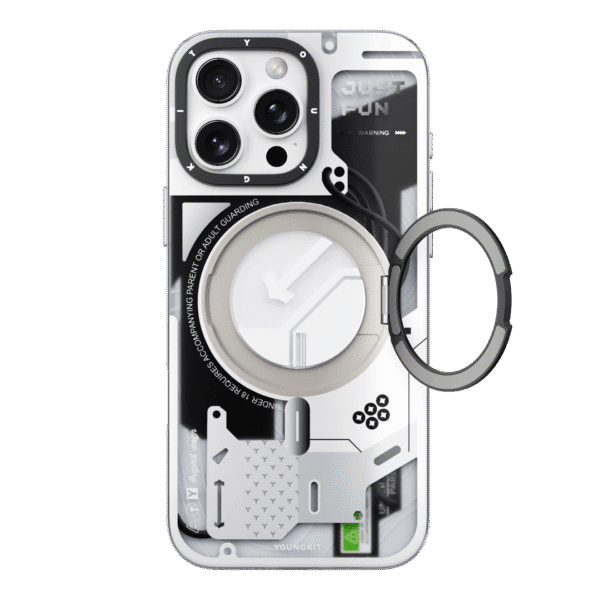 Forro para iPhone 16 Pro Max con diseño Cyberpunk 360° Spin Magnetic Stand en color blanco de Youngkit, que ofrece protección avanzada y un estilo futurista.