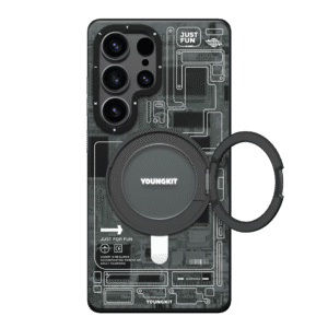 Forro para Samsung S25 Ultra con diseño Cyberpunk 360º Spin Magnetic Stand en color gris de Youngkit, con protección avanzada y estilo tecnológico.