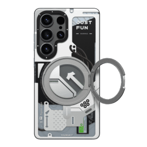 Forro para Samsung S25 Ultra con diseño Cyberpunk 360° Spin Magnetic Stand en color blanco de Youngkit, ofreciendo protección avanzada y un estilo futurista.