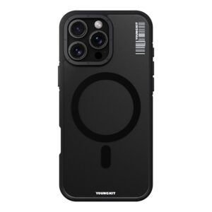 Forro para iPhone 16 Pro Max con diseño Rock Sand Soft Touch Black de Youngkit, que ofrece una combinación de elegancia y protección superior.