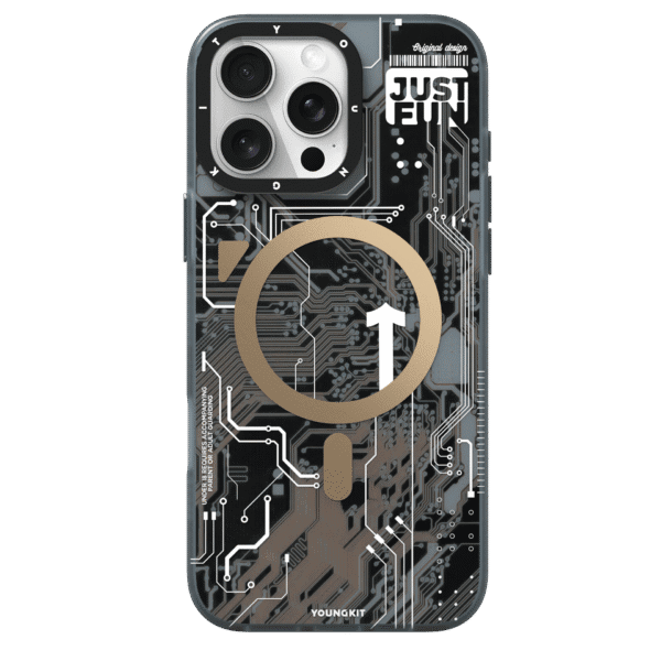 Forro para iPhone 16 Pro Max con diseño Futuristic Desert Gold Circuit Board de Youngkit, que combina un acabado dorado inspirado en dunas desérticas con la estética de un circuito impreso para ofrecer protección avanzada y estilo futurista.