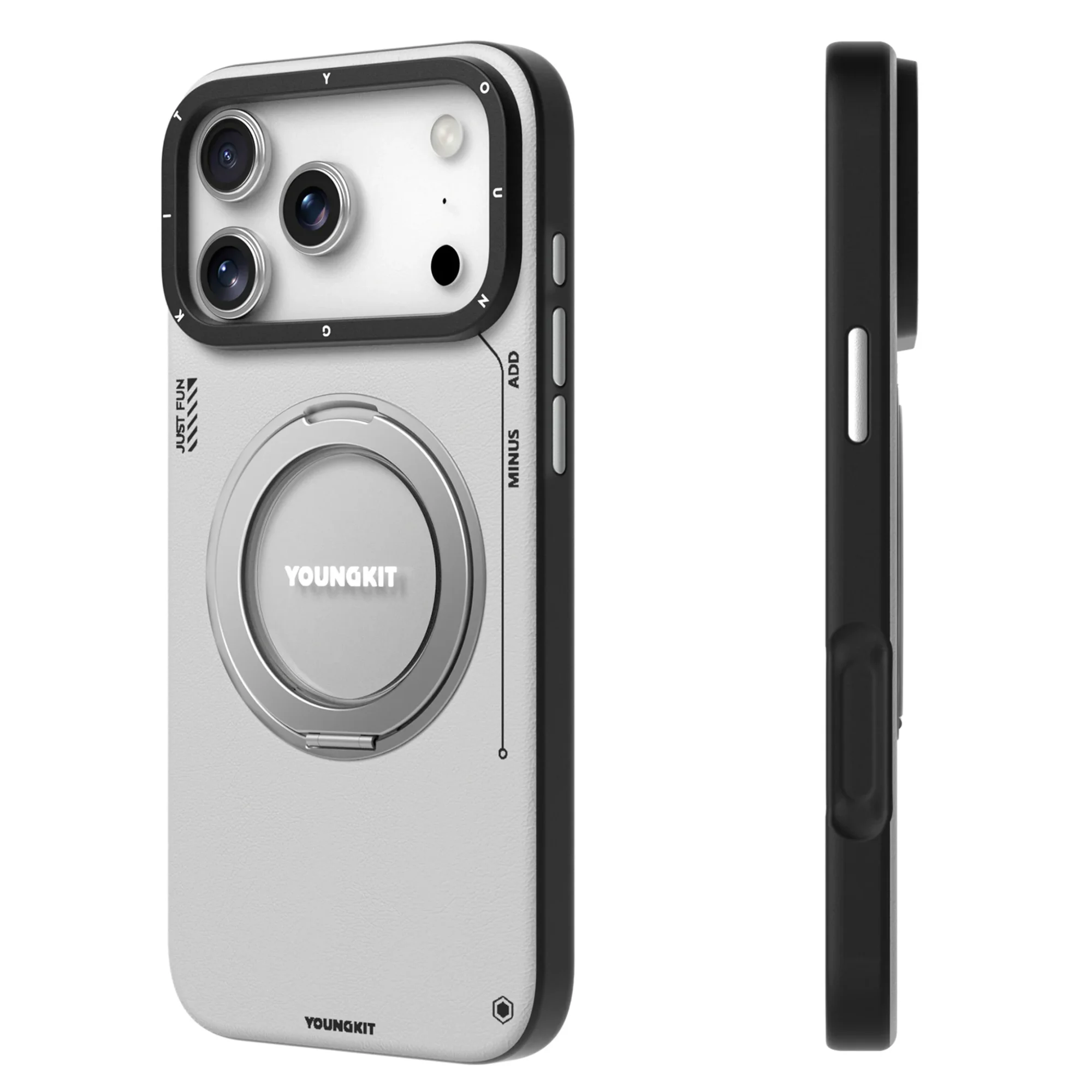 Case iPhone 17 Pro Max – Leather 360º Spin Magnetic Stand White | Youngkit
