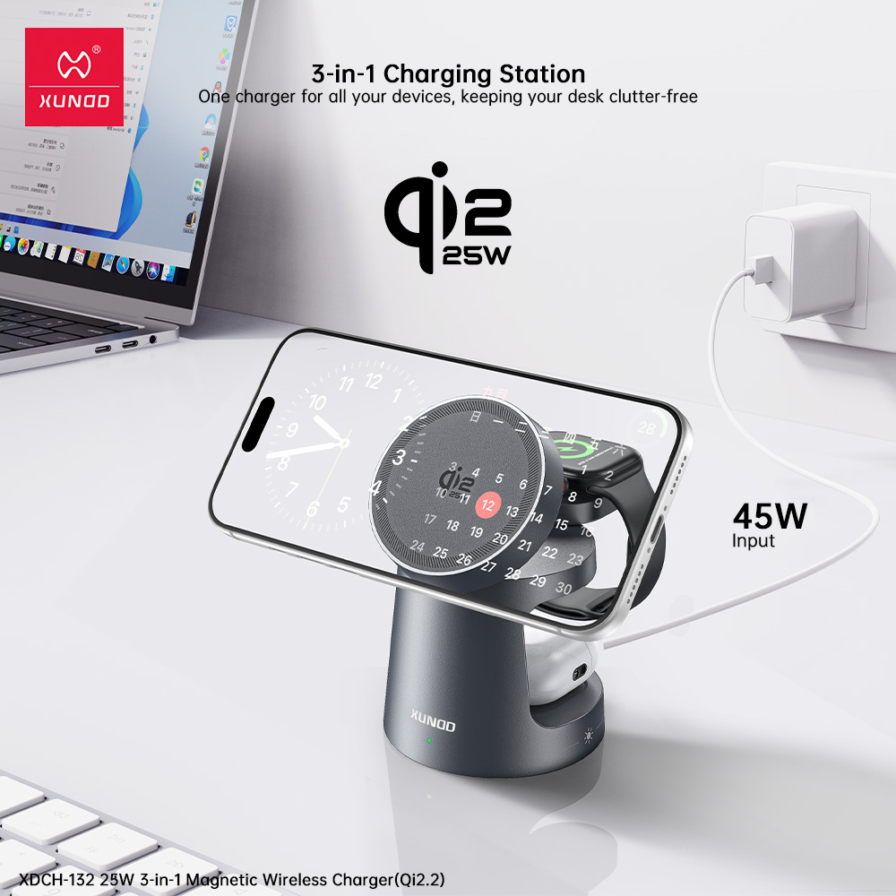 WIRELESS-STATION-CHARGER-XDCH-132-XUNDD6 Estación de Carga Magsafe 3 en 1 Qi2 25W | XUNDD XDCH-132