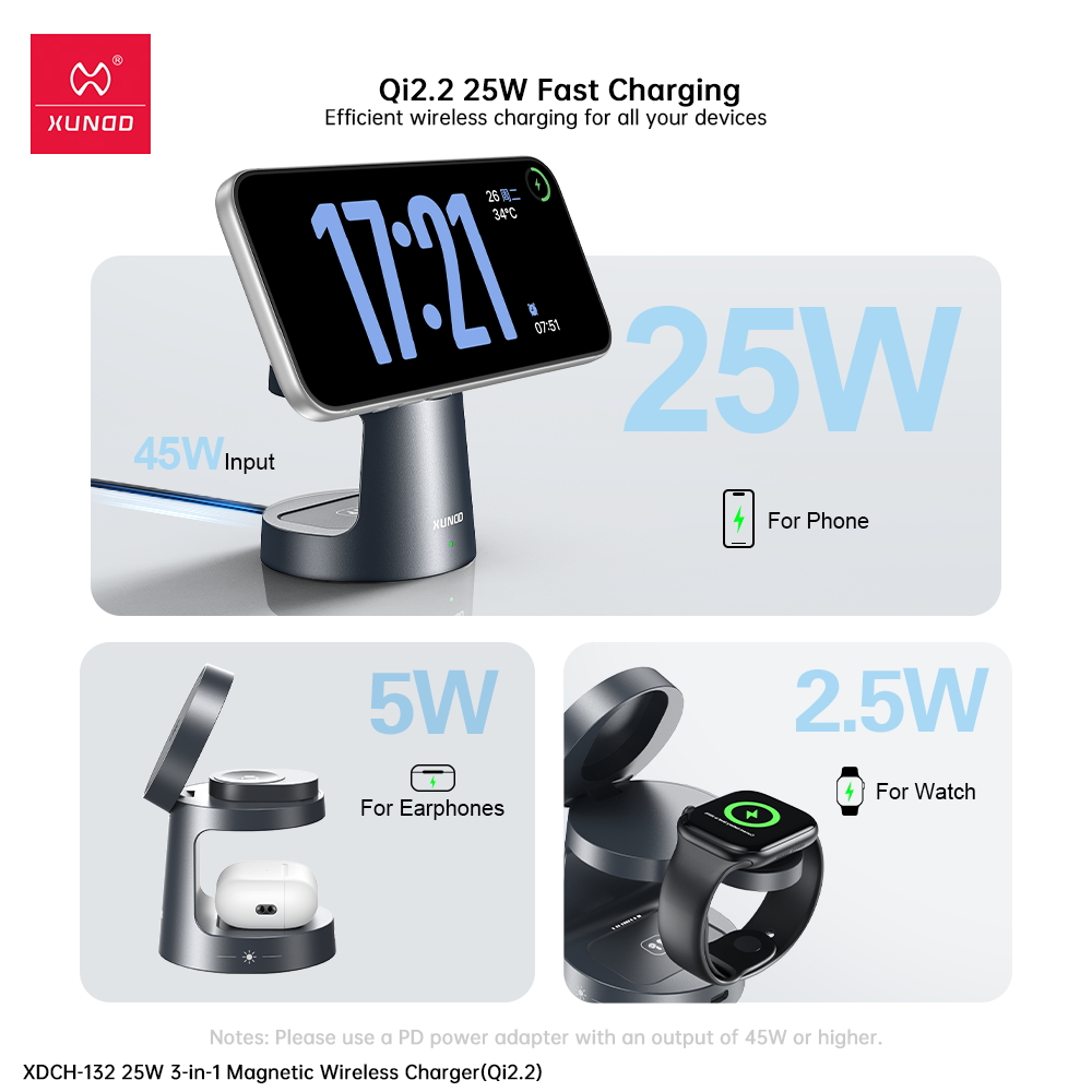 WIRELESS-STATION-CHARGER-XDCH-132-XUNDD7 Estación de Carga Magsafe 3 en 1 Qi2 25W | XUNDD XDCH-132