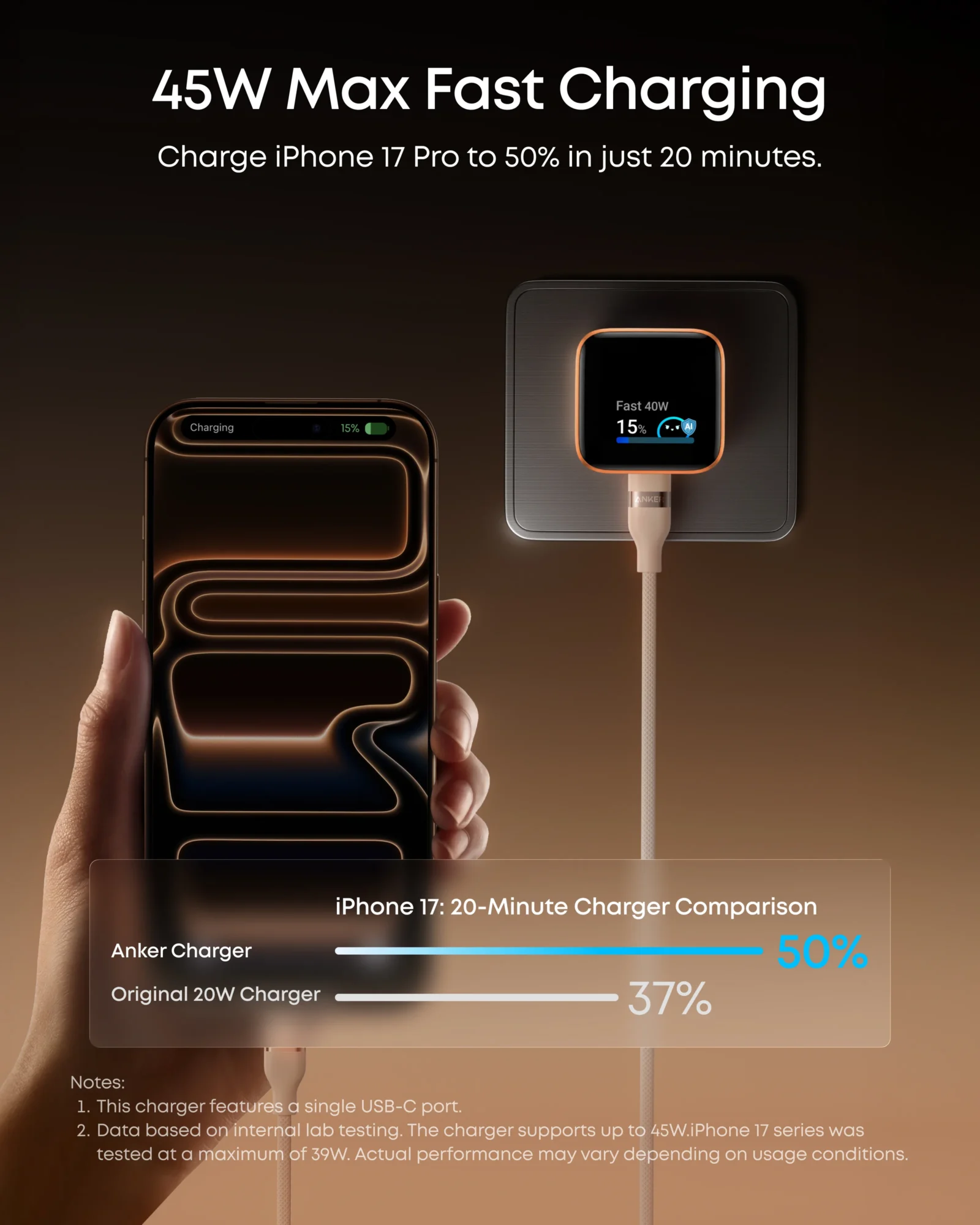 CARGADOR-45W-ANKER-NANO3 Cargador 45W USB-C Nano Charger Smart Display – Negro | ANKER